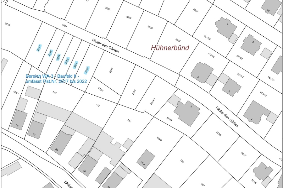 Reihenhausbauplätze in WA 3 Baufeld II Flurstücke Nummern 2017 bis 2022 - Baugebiet 'Neumühl "Hühnerbünd II" Wohngebiet '