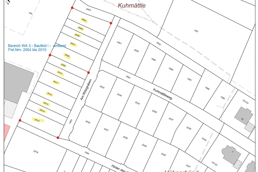 Reihenhausbauplätze in WA 3 Baufeld I Flurstücke Nummern 2004 bis 2015